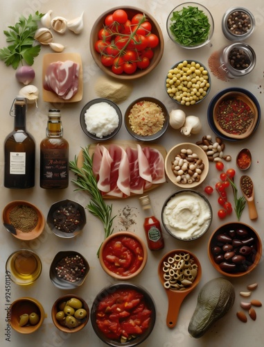 Flat lay of assorted tapas ingredients on beige background, food knolling style