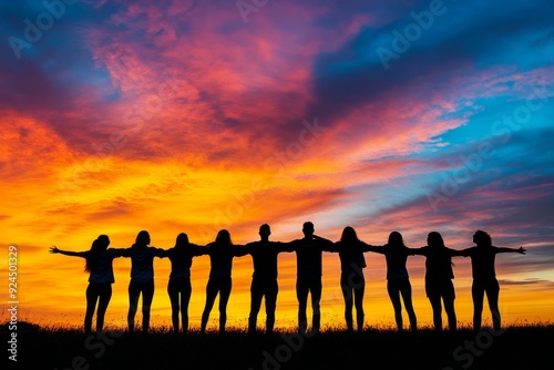 A group of friends standing in silhouette against the sky at sunset, arms outstretched, conveying a sense of friendship and togetherness.