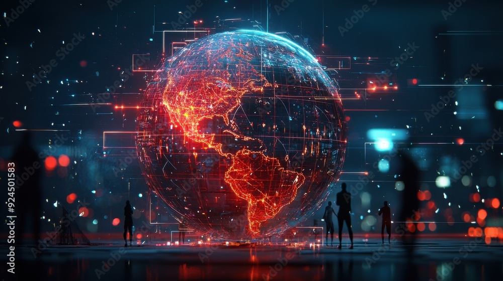An enormous globe crafted from neon cyan and red marble textures, floating above a cityscape. Silhouettes of people are arranged around the globe, connected by glowing neon lines that emanate from An enormous globe crafted from neon cyan and red marble textures, floating above a cityscape. Silhouettes of people are arranged around the globe, connected by glowing neon lines that emanate from
