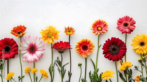 Colorful flowers copy space on white background.