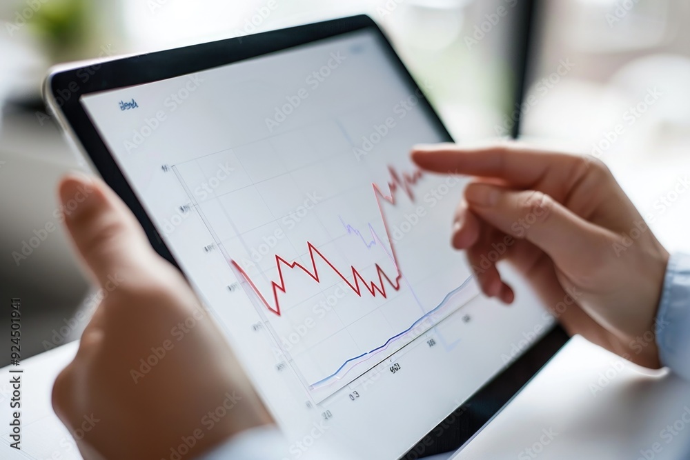 A person reviewing graphs and charts on their tablet, possibly for business or educational purposes A person reviewing graphs and charts on their tablet, possibly for business or educational purposes