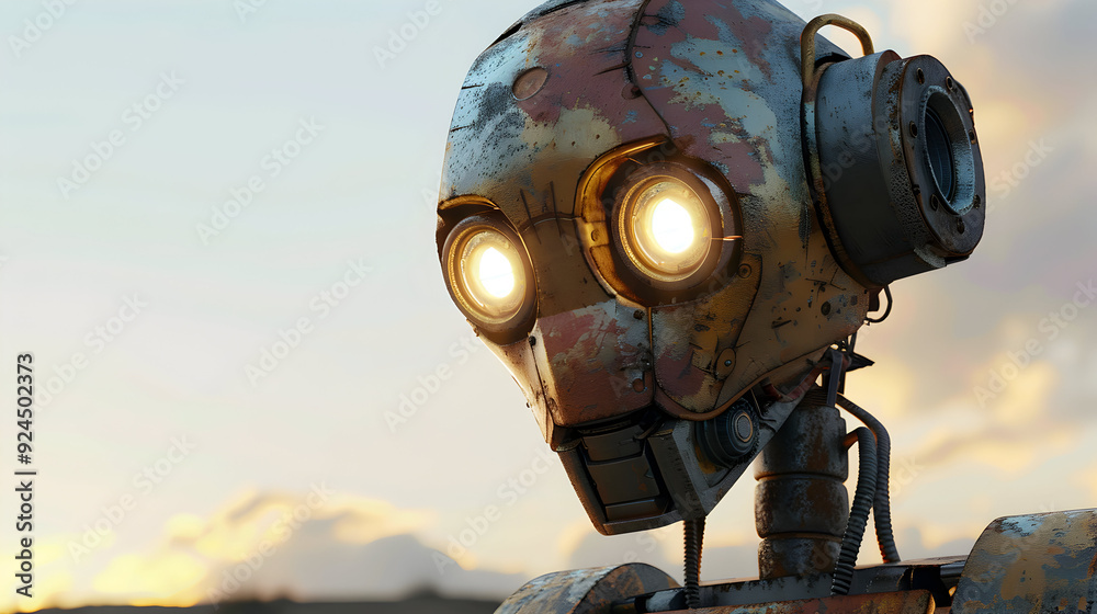 Close-up of a rusty robot head with glowing eyes, looking up at the sunset. Close-up of a rusty robot head with glowing eyes, looking up at the sunset.