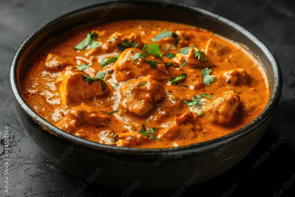 A bowl of creamy chicken curry garnished with fresh herbs. A bowl of creamy chicken curry garnished with fresh herbs.