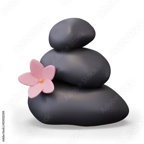 Stack of black stones with flower. Elements for stone therapy
