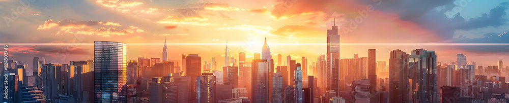 A cityscape with tall buildings and a golden sunset sky.