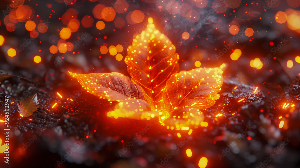 Glowing Autumn Leaf with Sparkling Lights in Dark Forest.. Glowing Autumn Leaf with Sparkling Lights in Dark Forest..