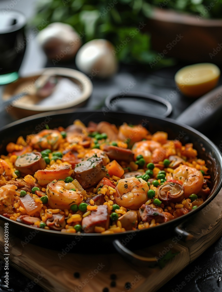 Spanish Paella with Saffron Rice and Rustic Garnish in Cast Iron Pan Spanish Paella with Saffron Rice and Rustic Garnish in Cast Iron Pan
