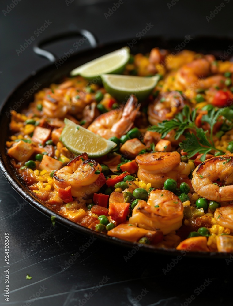 Close up photo of traditional Spanish paella with seafood on a black background Close up photo of traditional Spanish paella with seafood on a black background