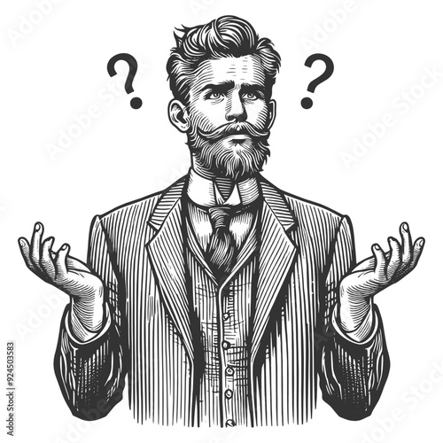 man deep in thought, symbolizing confusion or contemplation dilemma sketch engraving generative ai fictional character vector illustration. Scratch board imitation. Black and white image.