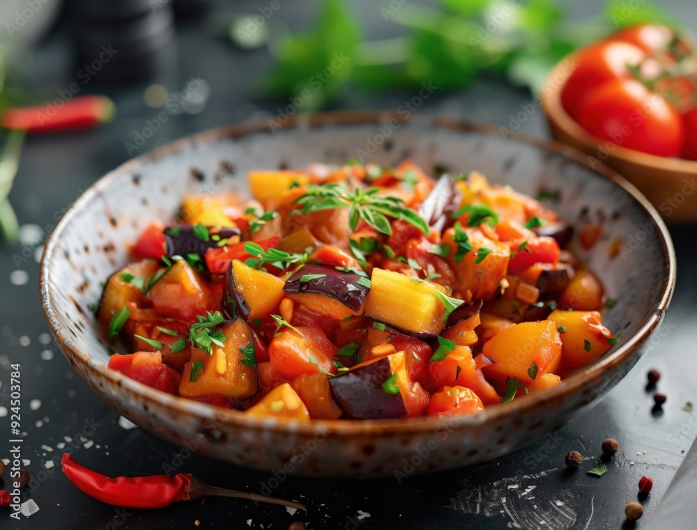 Close up of a vibrant Spanish vegetable stew with eggplant and zucchini, rustic style Close up of a vibrant Spanish vegetable stew with eggplant and zucchini, rustic style