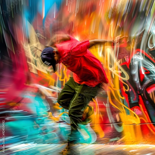 A dynamic street dancer mid-performance, energetic movement captured in motion blur