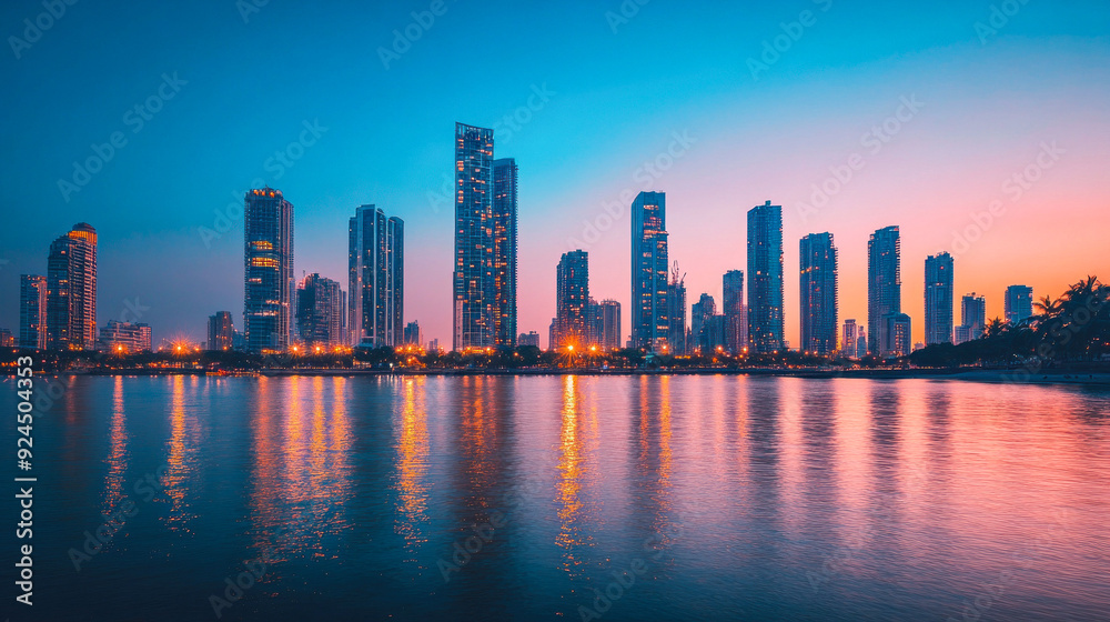 Vibrant city skyline reflecting in water during twilight