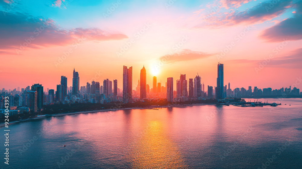 Obraz premium Sunset over city skyline with warm hues and reflections.