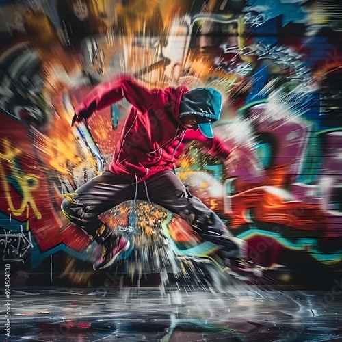 A dynamic street dancer mid-performance, energetic movement captured in motion blur
