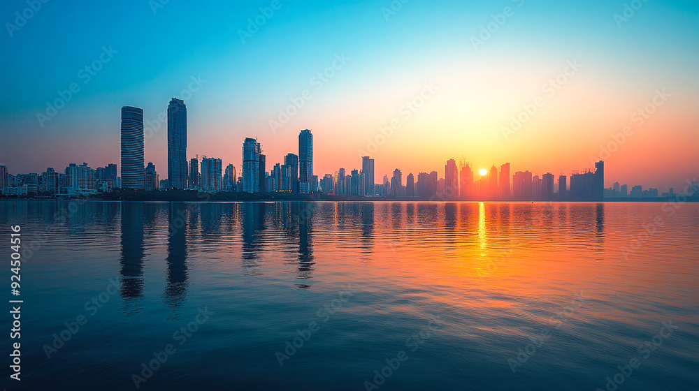 Obraz premium Calm city skyline with sunset reflections, blue sky