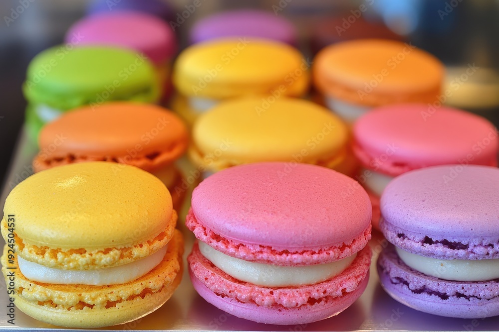 Colorful macarons with filling are sitting on a silver tray Colorful macarons with filling are sitting on a silver tray