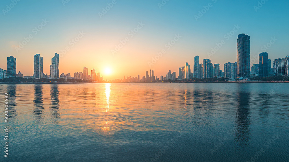 Sunset reflecting over a tranquil city skyline Sunset reflecting over a tranquil city skyline