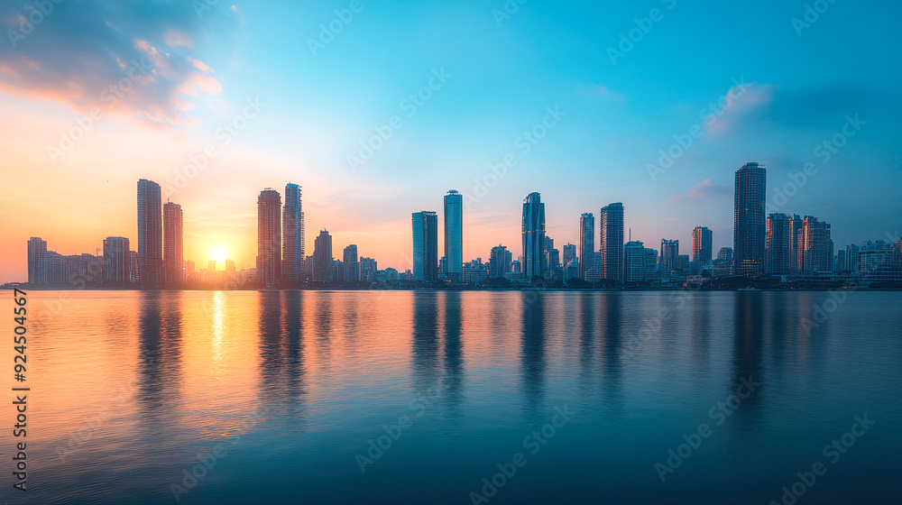 Dusk setting over a still city skyline and water
