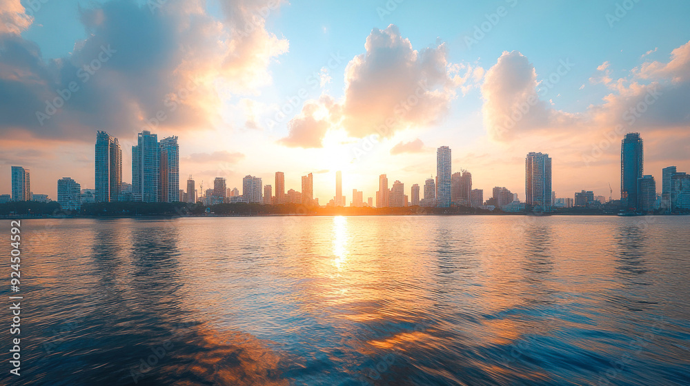 Urban skyline during sunset with reflections on water Urban skyline during sunset with reflections on water