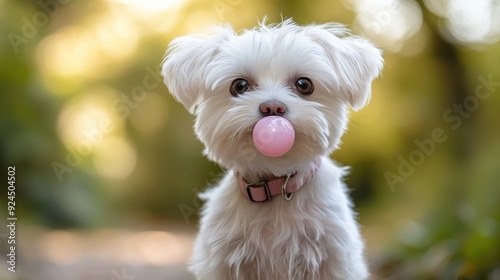 Portrait of Maltese puppy with pink bubble gum in garden background,white dog make bubble with chewing gum, photo of cute puppy wearing heart sunglasses,small animal,copy space.