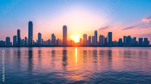 City skyline at dusk with water reflections, pink sky