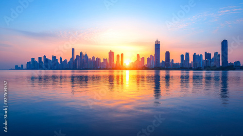 Sunrise illuminating a serene cityscape over water