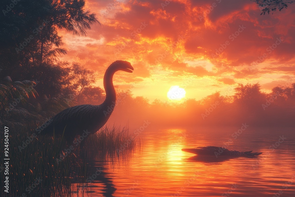 Fototapeta premium Plesiosaur and sarcosuchus enjoying a beautiful sunset over a lake