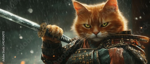 Attention-grabbing orange fat samurai cat in ornate armor with a focused gaze and raised sword photo