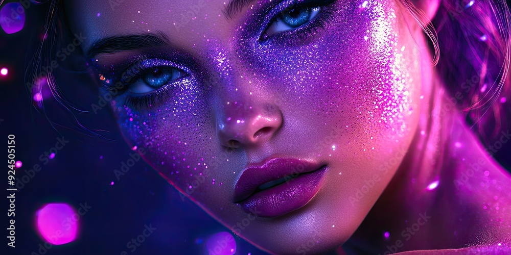 Obraz premium 3D Cartoon Portrait of a Beautiful Woman with Purple Cosmic Colors and Sparkles Body Art Adventure Theme Fashion Makeup Extraordinary