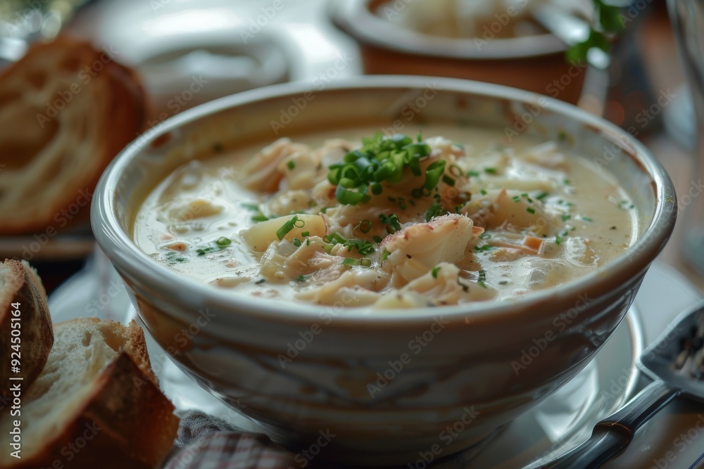 A bowl of creamy seafood chowder garnished with green onions, served with bread. A bowl of creamy seafood chowder garnished with green onions, served with bread.