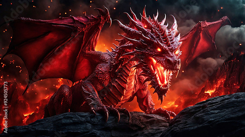 The red dragon's fiery breath ignites the night sky, its heated scales glowing as it unleashes fury