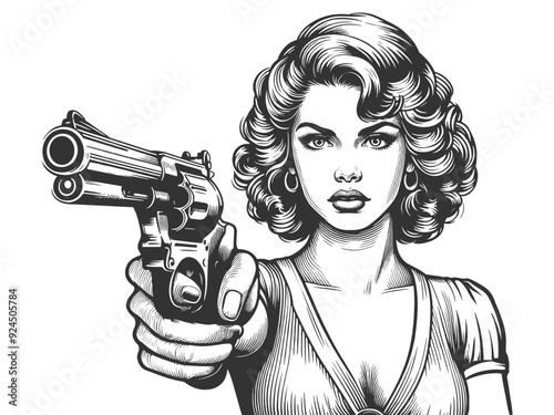 Woman femme fatale confidently wielding a revolver, classic embodiment of film noir aesthetics sketch engraving generative ai fictional character vector illustration. Black and white image.