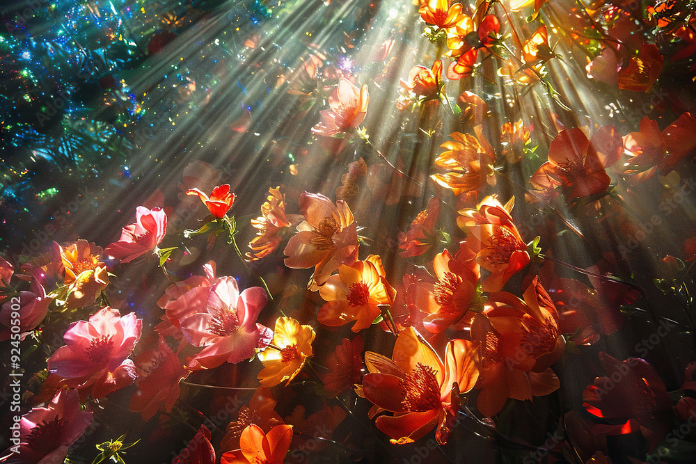 Thickets of bushes with lush flowers in the bright rays of the sun. Floral background.