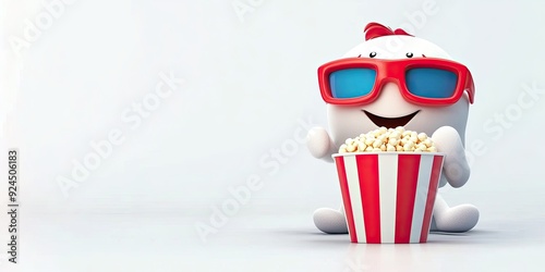 Cartoon character with 3D glasses and popcorn bucket sitting down against a white backdrop photo