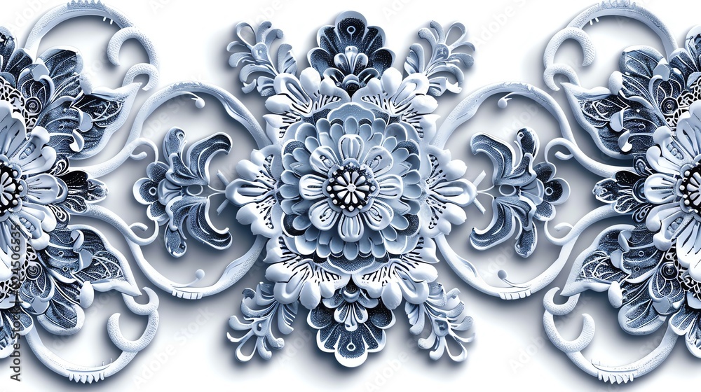 Ornate blue and white floral design with intricate details. Ornate blue and white floral design with intricate details.