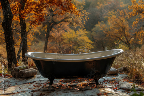 outdoor bath in autumn. take care of yourself, unity with nature concept. balance in rustic, eco-friendly retreat. moments of relax