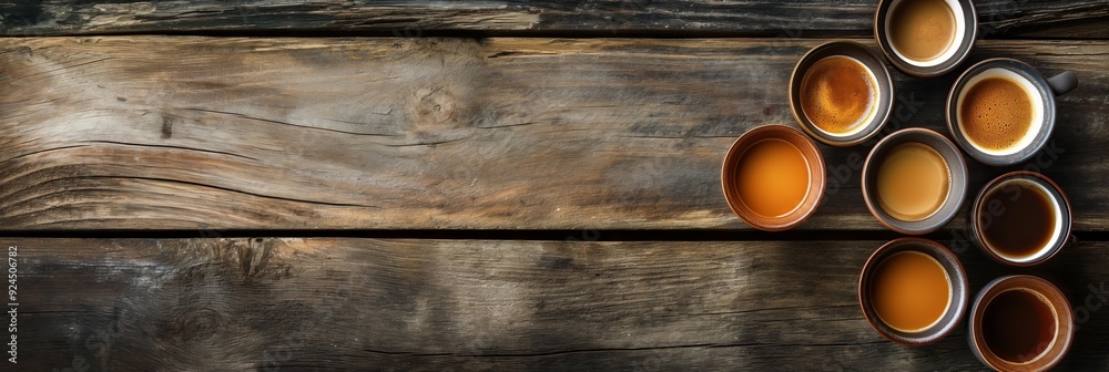 A rustic wooden table adorned with a variety of cups in earthy tones, showcasing a cozy and artisanal display in a relaxed setting. A rustic wooden table adorned with a variety of cups in earthy tones, showcasing a cozy and artisanal display in a relaxed setting.