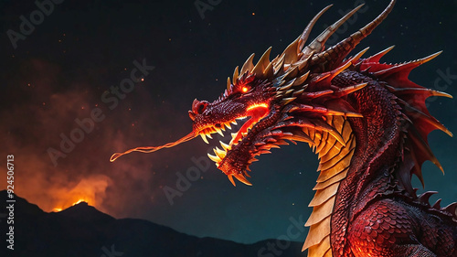 The red dragon's fiery breath ignites the night sky, its heated scales glowing as it unleashes fury