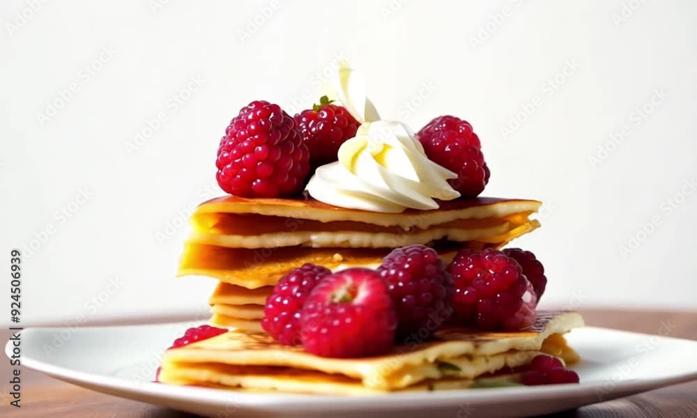 stack of delicious crêpes on a plate with raspberries and whipped cream on top, clear background stack of delicious crêpes on a plate with raspberries and whipped cream on top, clear background