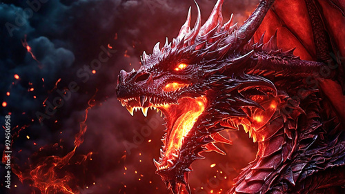 The red dragon's fiery breath ignites the night sky, its heated scales glowing as it unleashes fury