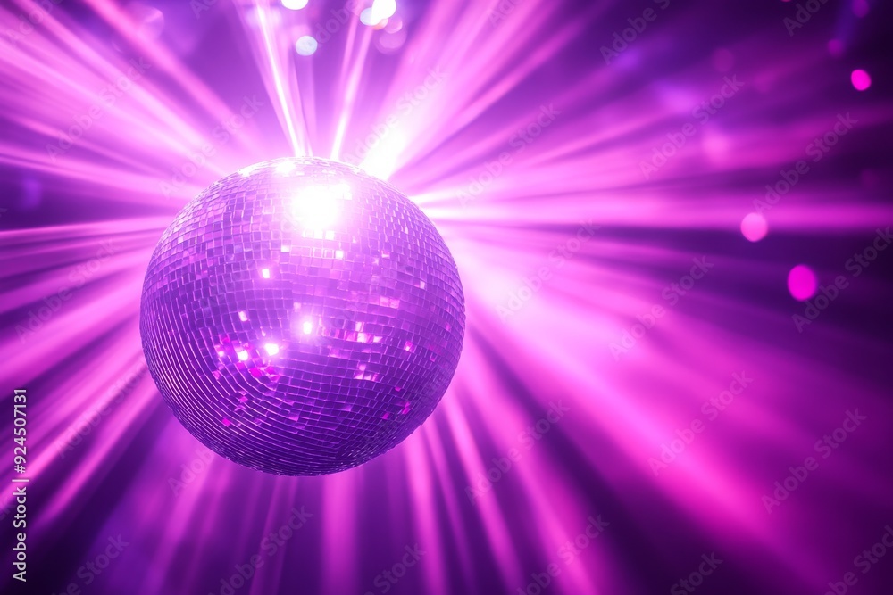 Obraz premium A disco ball on the left side of an abstract background with rays and light effects in purple, pink, and blue colors.