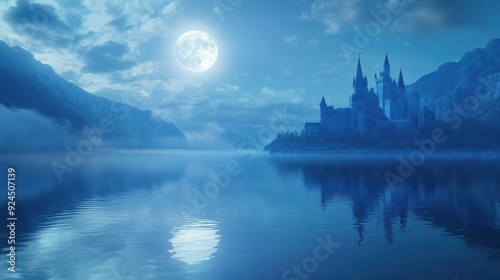 Mystical Castle on a Lake Under the Full Moon.