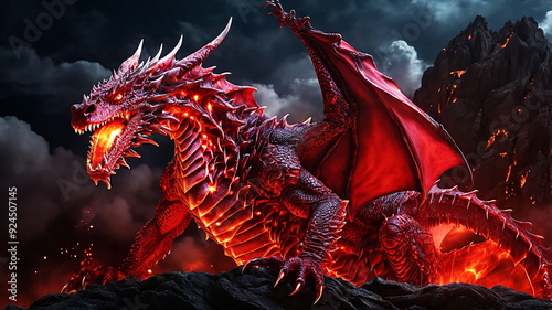 The red dragon's fiery breath ignites the night sky, its heated scales glowing as it unleashes fury