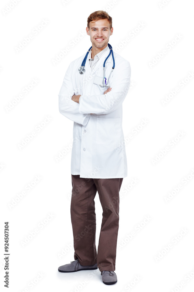 Smile, crossed arms and portrait of doctor in studio with positive attitude and confidence for career. Happy, medical and male healthcare worker from Canada with pride for job by white background.