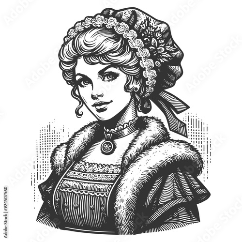 Victorian-era woman, detailed bonnet and fur-lined coat, showcasing classic 19th-century fashion and elegance sketch engraving generative ai vector illustration. Black and white image.