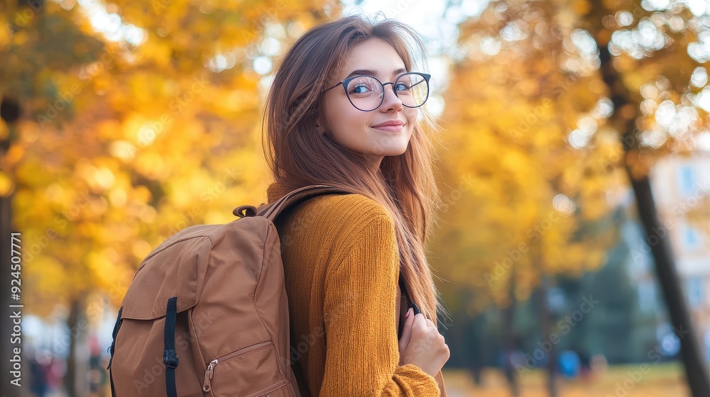 Young Woman with Backpack in Autumn Park. Young Woman with Backpack in Autumn Park.