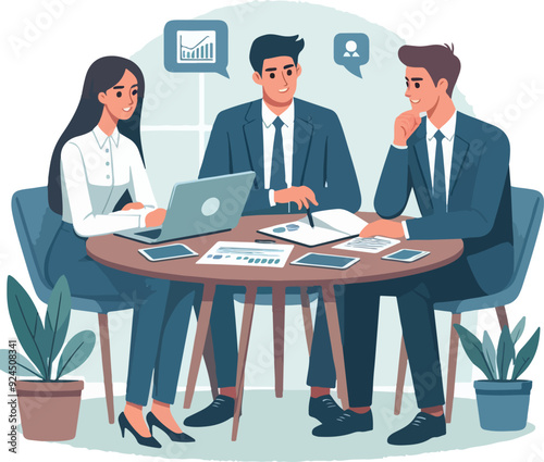Partners meeting for business discussion with documents and laptop on desk. Couple at round table, speaking, discussing work, partnership. Flat vector illustration isolated on white background
