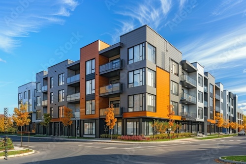 Urban high-rise with multiple stories and apartments, located at a street corner