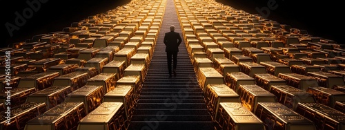 A politician walking up a staircase of gold bars towards a corrupt throne