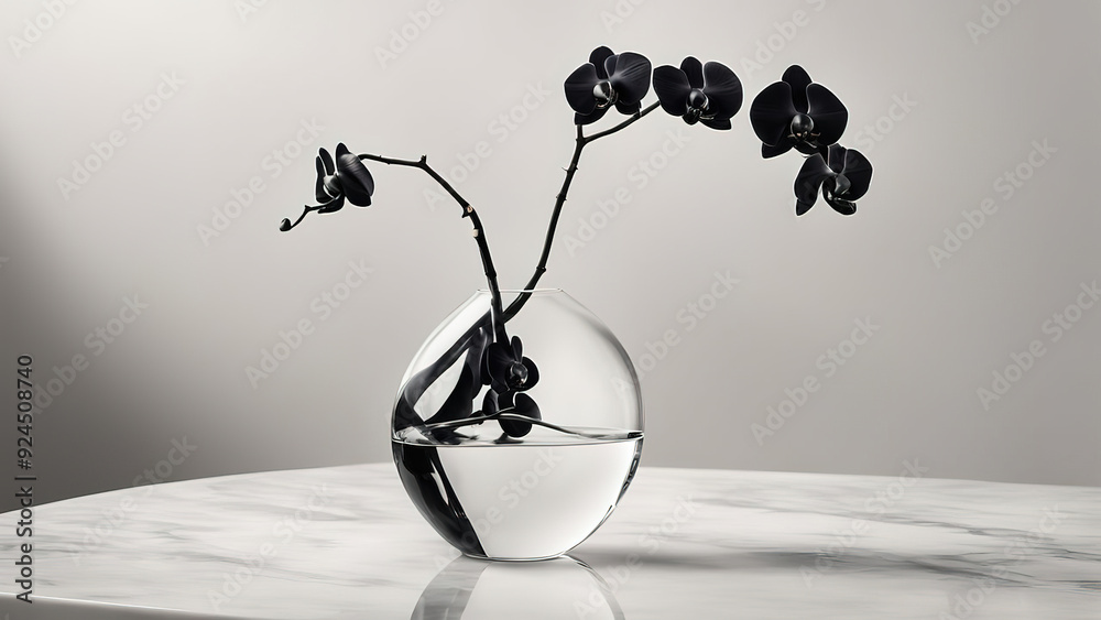 Black orchids in a clear glass vase on a white marble table.